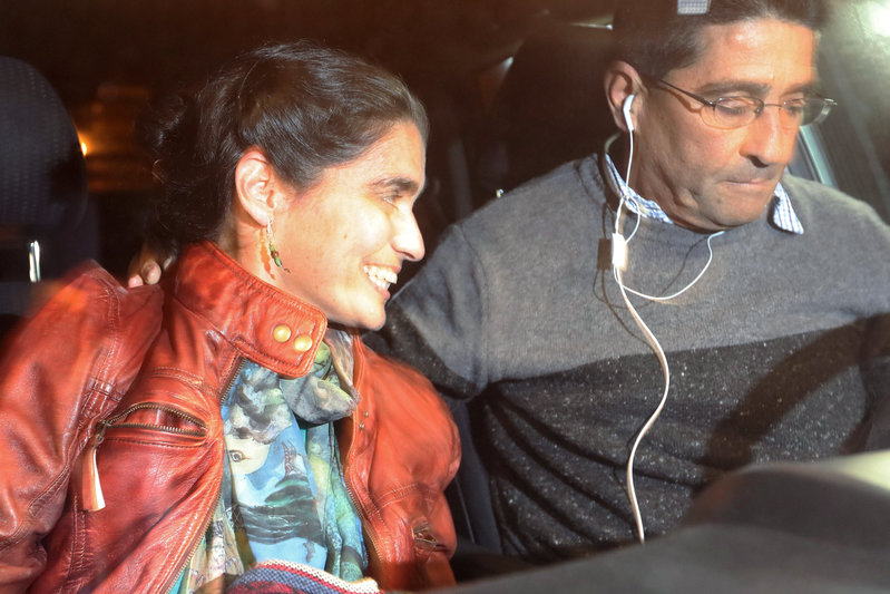 Maritza Garrido Lecca (L), a ballet dancer who hid Abimael Guzman, former leader of Shining Path in her apartment in the 1990s, is freed from prison in Lima