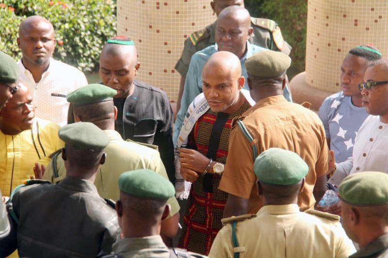 Nnamdi Kanu, leader of Indigenous People of Biafra is seen in a physical confrontation with prison warders, at the Federal High Court in Abuja