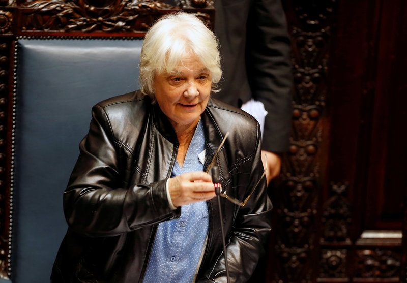 Newly designated President of the Senate and Uruguayan VP Topolansky gestures at session in Montevideo