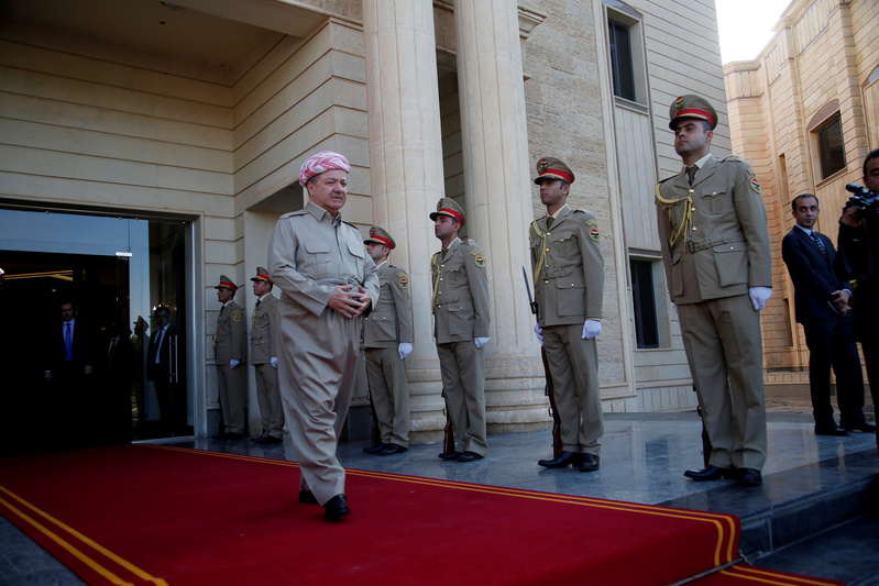 FILE PHOTO: Iraq's Kurdistan region's President Massoud Barzani waits to receive French Foreign Minister Jean-Yves le Drian and the French Defence Minister Florence Parly in Erbil