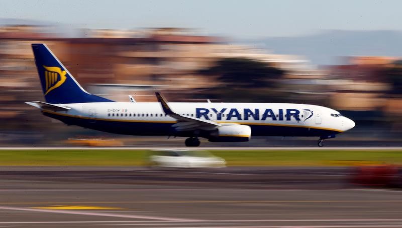 A Ryanair aircraft lands at Ciampino Airport in Rome