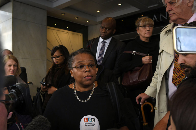 Marcia Willis-Stewart, a lawyer representing families involved in the Grenfell Tower fire, speaks to the press on the first day of the publicy inquiry into the disaster in central London