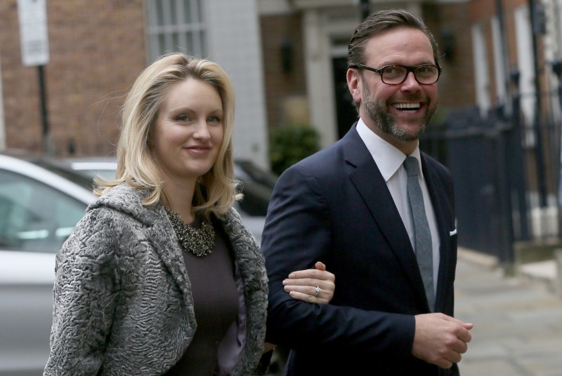 James Murdoch, the son of media mogul Rupert Murdoch, and his wife Kathryn Hufschmid arrive for a reception to celebrate the wedding between Rupert Murdoch and former supermodel Jerry Hall which took place on Friday, in London