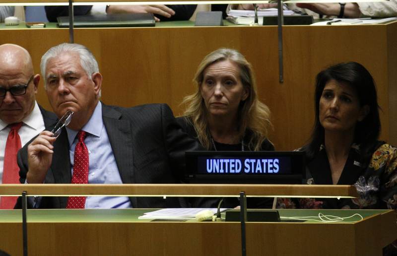 U.S. officials listen as U.S. President Trump addresses the 72nd United Nations General Assembly at U.N. headquarters in New York