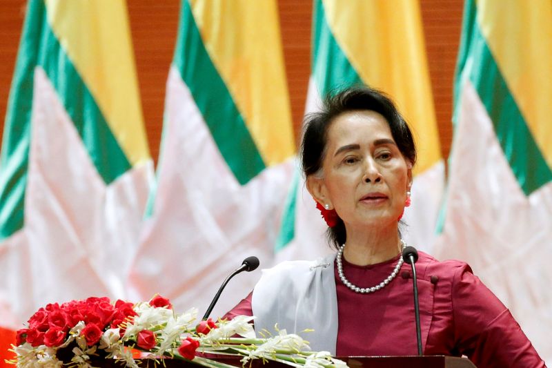FILE PHOTO: Myanmar State Counselor Aung San Suu Kyi delivers a speech to the nation over the Rakhine and Rohingya situation in Naypyitaw