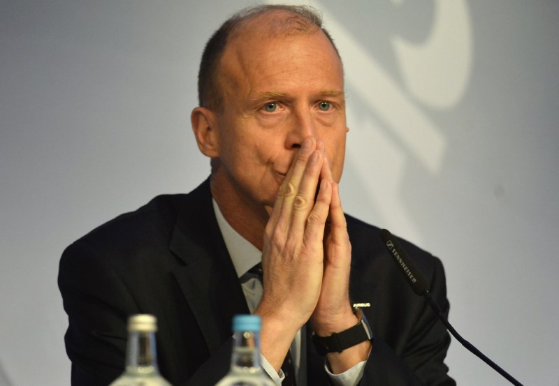 Airbus Group Chief Executive Tom Enders listens during a news conference on the aerospace group's annual results, in London