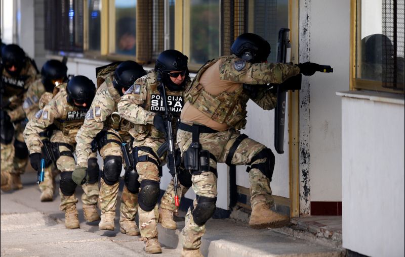 Participants of EUFOR, Armed Forces, Border Police and SIPA of Bosnia and Herzegovina practice an anti-terrorism situation during an exercise at the Sarajevo International Airport
