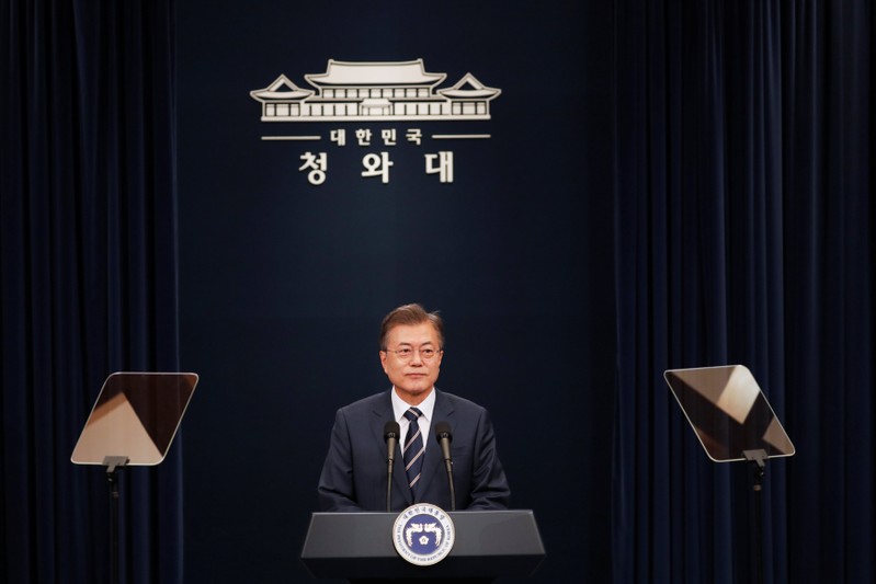 South Korean President Moon Jae-in speaks during a news conference at the Presidential Blue House in Seoul