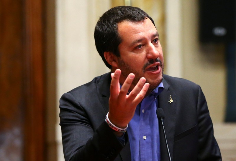 League party leader Matteo Salvini speaks at the media after a round of consultations with Italy's newly appointed Prime Minister Giuseppe Conte at the Lower House in Rome