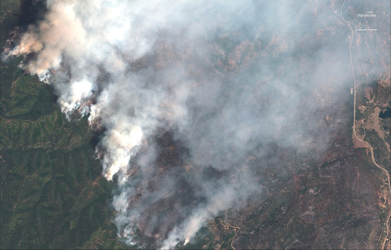 A satellite image shows the 416 Wildfire burning west of Highway 550 and northwest of Hermosa, Colorado