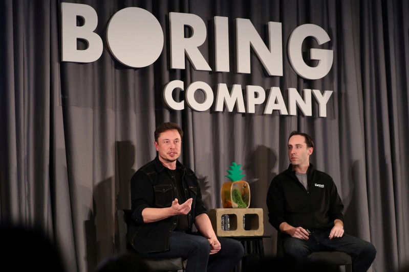 Elon Musk speaks at a Boring Company community meeting in Bel Air, Los Angeles