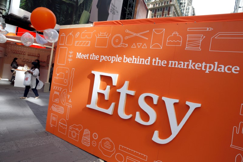 FILE PHOTO - A sign advertising the online seller Etsy Inc. is seen outside the Nasdaq market site in Times Square following Etsy's IPO in New York