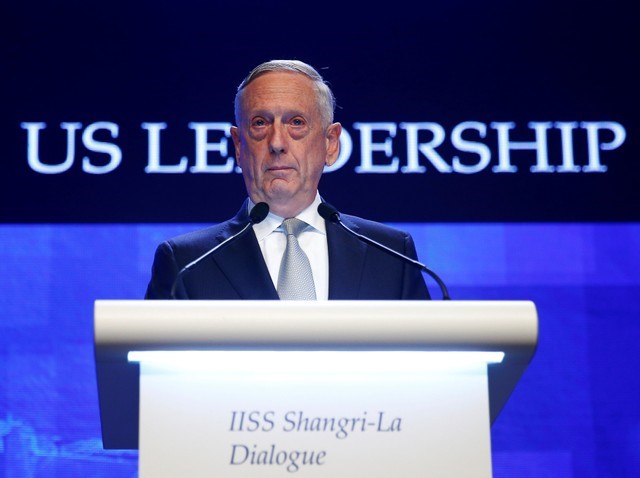 U.S. Secretary of Defence Jim Mattis speaks at the IISS Shangri-la Dialogue in Singapore