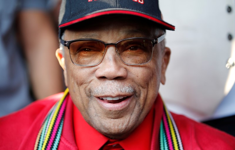 Legendary American producer Jones poses during a ceremony to rename a concert hall to his name during the opening night of the 52nd Montreux Jazz Festival in Montreux