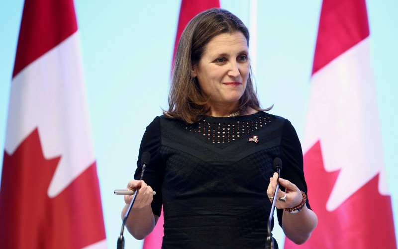 FILE PHOTO: Canadian Foreign Minister Freeland gestures during a joint news conference in Mexico City