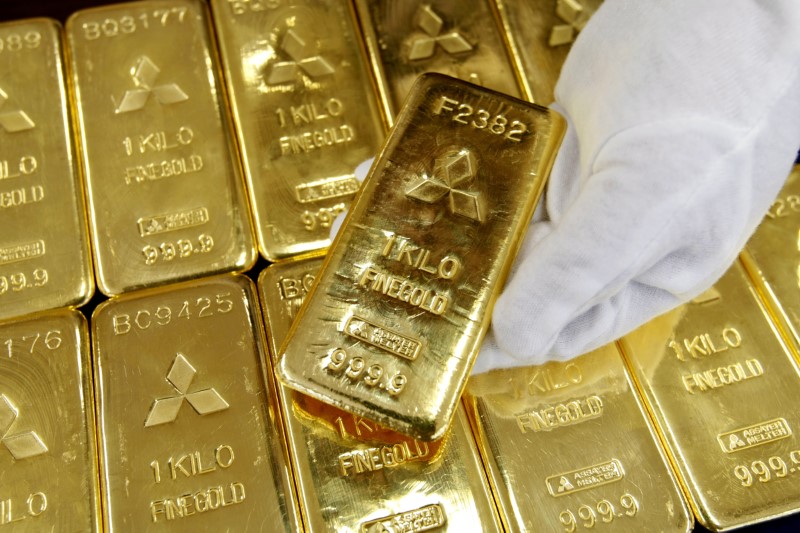 Gold bars are displayed at Mitsubishi Materials Corporation in Tokyo