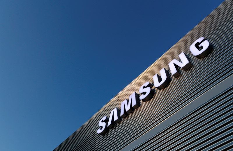 FILE PHOTO: The logo of Samsung is seen on a building during the Mobile World Congress in Barcelona