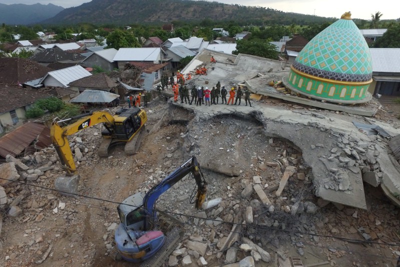 An aerial view of the collapsed Jamiul Jamaah mosque where rescue workers and soldiers search for earthquake victims in Pemenang, North Lombok