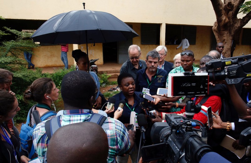 The head of the EU observer mission, Cecile Kyenge, talks to journalists during a run-off presidential election in Bamako