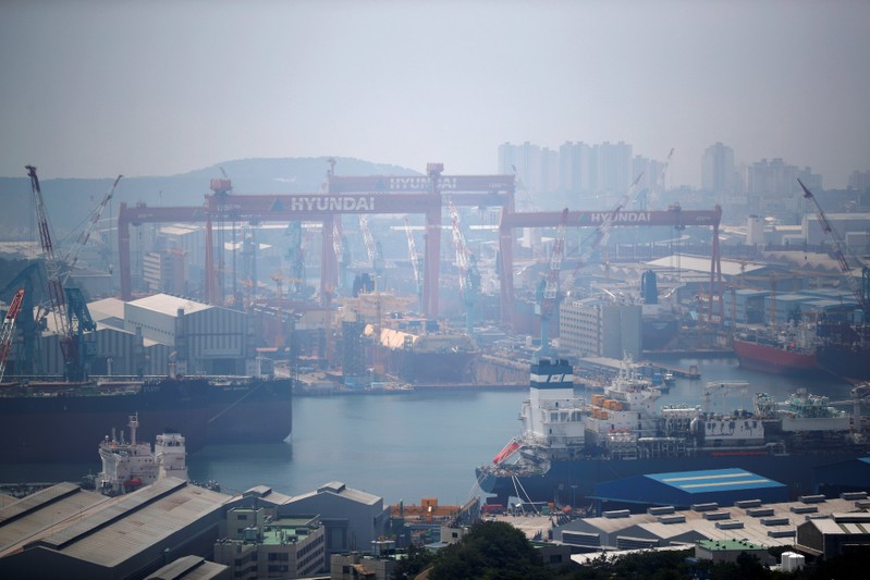 Giant cranes of Hyundai Heavy Industries are seen in Ulsan