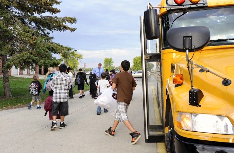 Students arrive for class at Mahnomen Elementary School in Mahnomen, Minnesota