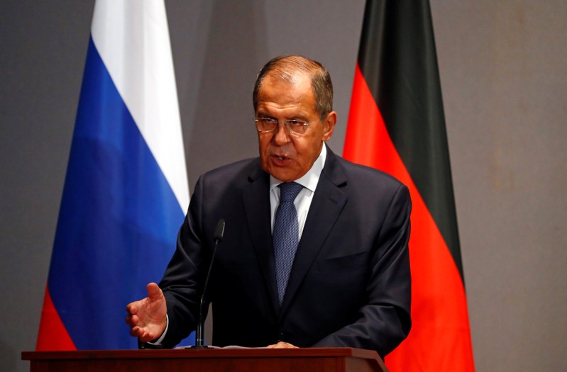 Russian Foreign Minister Lavrov addresses a conference at the foreign ministry in Berlin