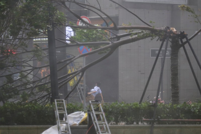 A woman almost falls down near a broken tree in the rainstorm as Typhoon Mangkhut approaches, in Shenzhen