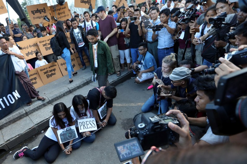 Myanmar press freedom advocates and youth activists hold a demonstration demanding the freedom of two jailed Reuters journalists Wa Lone and Kyaw Soe Oo in Yangon