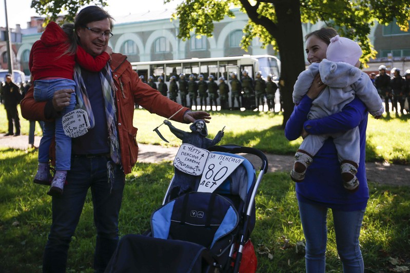 People take part in a rally against pension reforms in St. Petersburg
