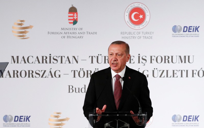 Turkish President Tayyip Erdogan speaks at a business conference in Budapest