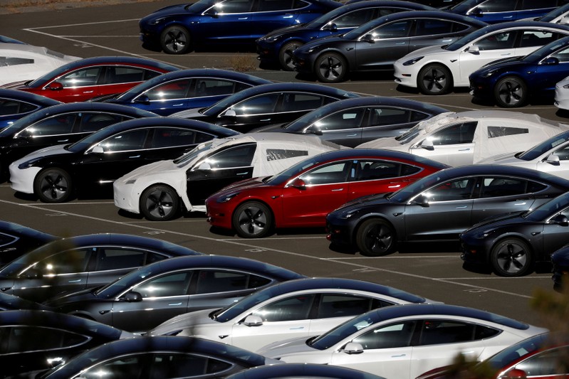 FILE PHOTO: Rows of the new Tesla Model 3 electric vehicles in Richmond