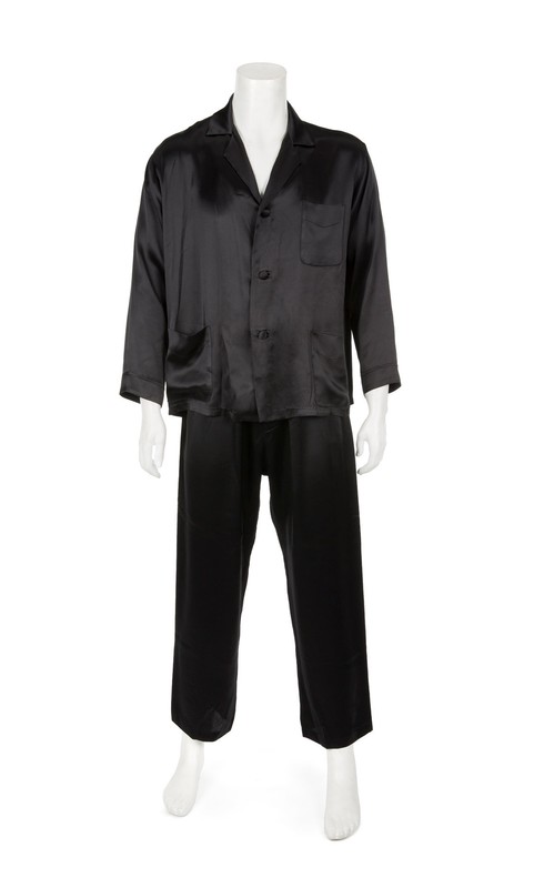 Hugh Hefner Julien's Auctions image of Playboy founder Hugh Hefner's trademark black silk pajamas from Hugh Hefner collection going up for sale