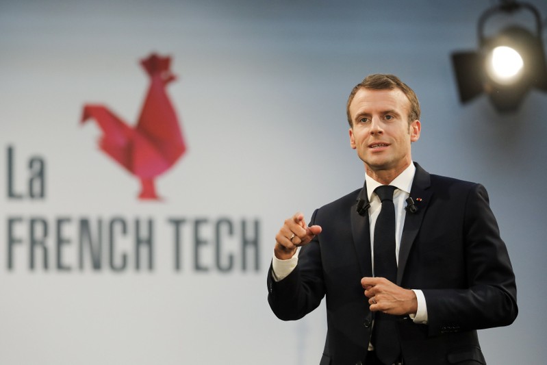 French President Macron speaks as he visits Station F startup campus in Paris