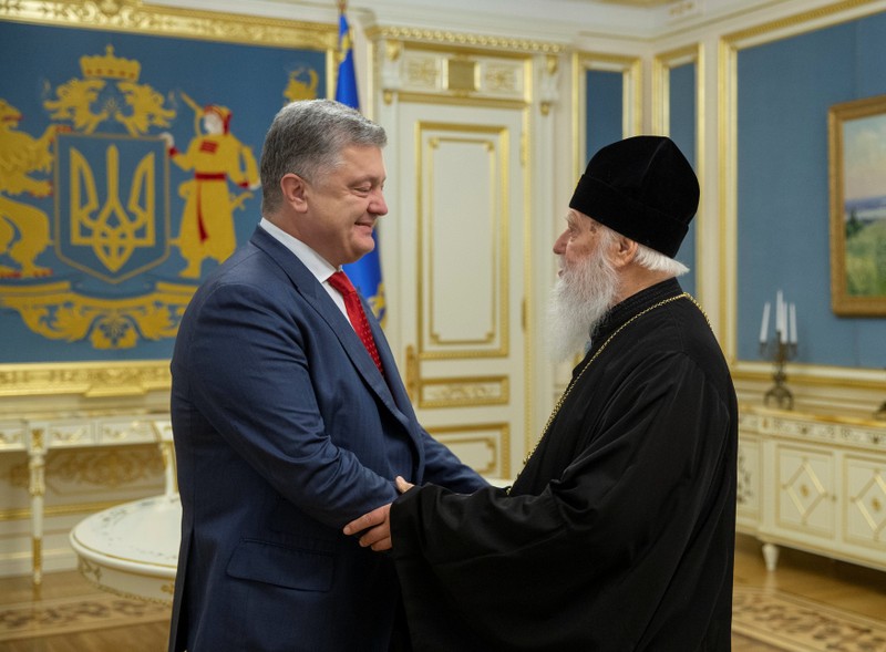 Ukraine's President Poroshenko meets with Patriarch Filaret, head of the Ukrainian Orthodox Church of the Kiev Patriarchate, in Kiev