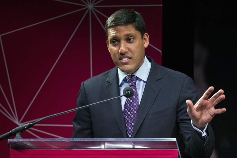 USAID Administrator Rajiv Shah gestures during the announcement of the U.S. Global Development Lab to help end extreme poverty by 2030, in New York