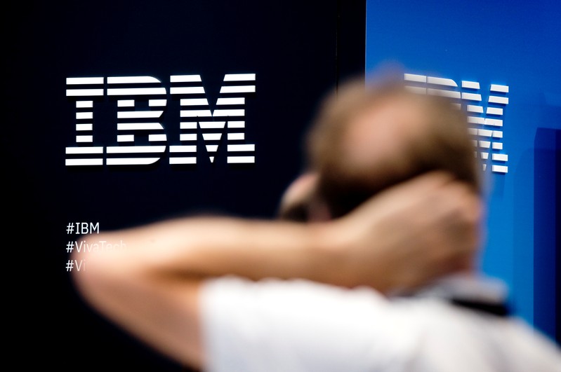 The IBM logo is pictured during the Viva Tech start-up and technology summit in Paris