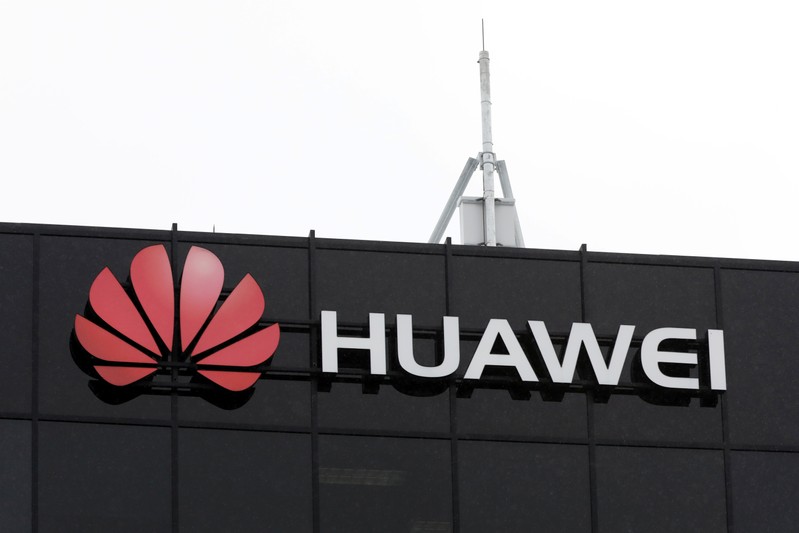 The Huawei logo is pictured outside their research facility in Ottawa
