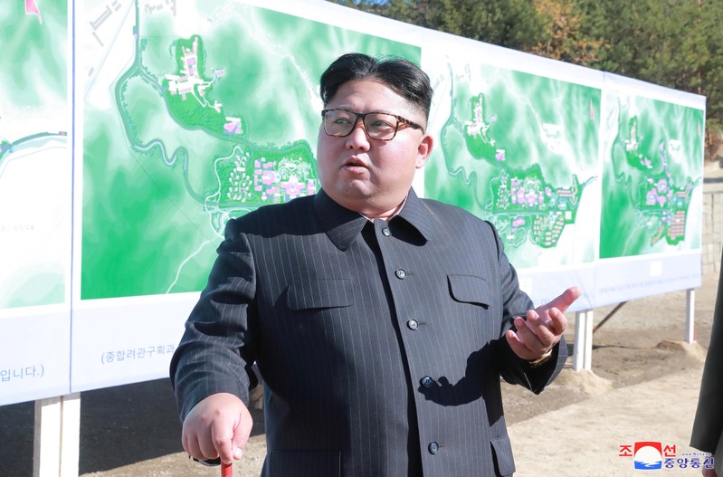 North Korean leader Kim Jong Un inspects a constructions site of Yangdeok
