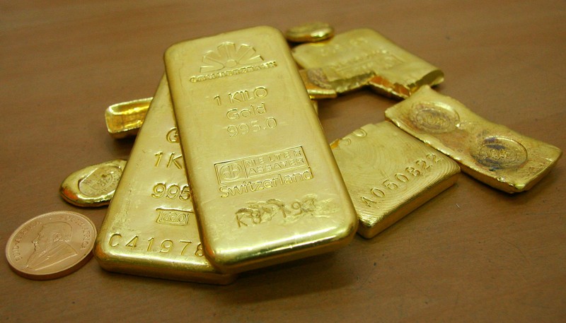 FILE PHOTO: Gold bars are displayed at a gold jewellery shop in Chandigarh