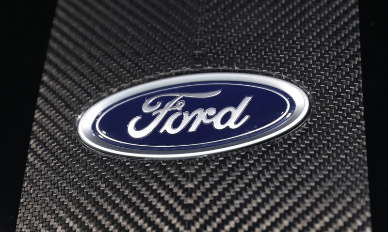 The Ford logo is seen at the New York Auto Show in New York