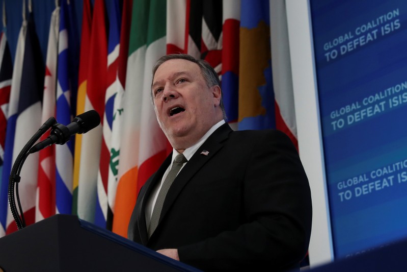 U.S. Secretary of State Pompeo addresses foreign ministers from Global Coalition to Defeat ISIS at the State Department in Washington