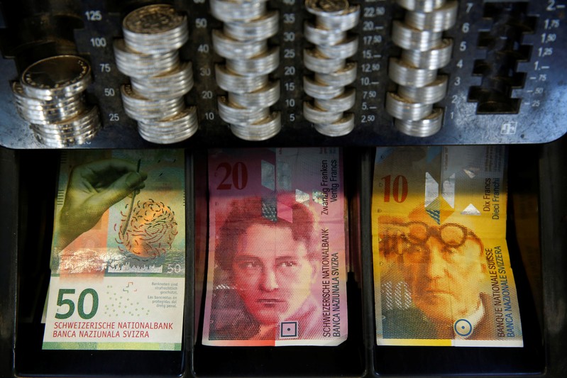 FILE PHOTO - The new 50 Swiss Franc note is seen at a market stall after its release by the Swiss National Bank in Bern