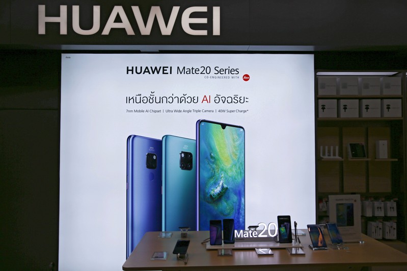 Huawei products are seen in a shop in Bangkok