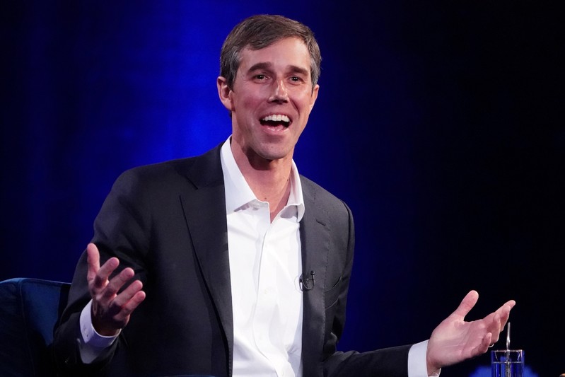 FILE PHOTO: O'Rourke speaks to Winfrey on stage during a taping of her TV show in Manhattan
