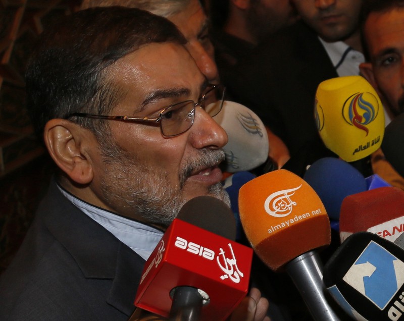 FILE PHOTO - Admiral Ali Shamkhani, Iran?s Supreme National Security Council Director, speaks to the media after his arrival at Damascus airport