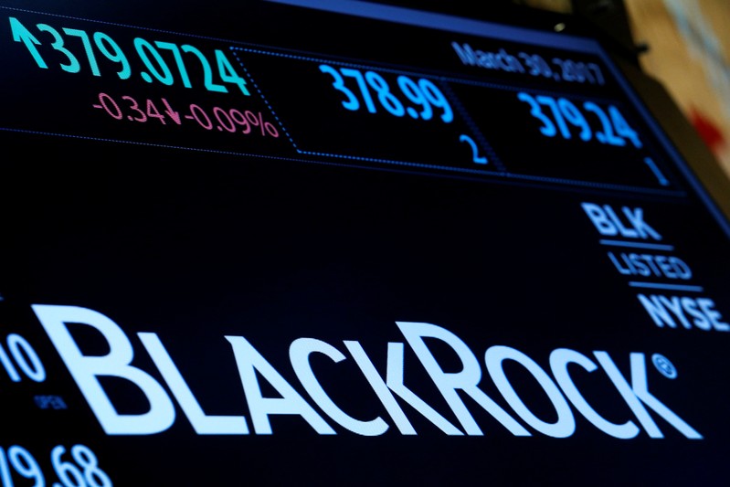 FILE PHOTO: The company logo and trading information for BlackRock is displayed on a screen on the floor of the NYSE