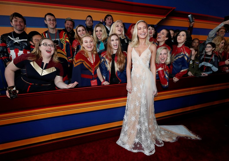 Cast member Brie Larson interacts with fans at the premiere for the movie