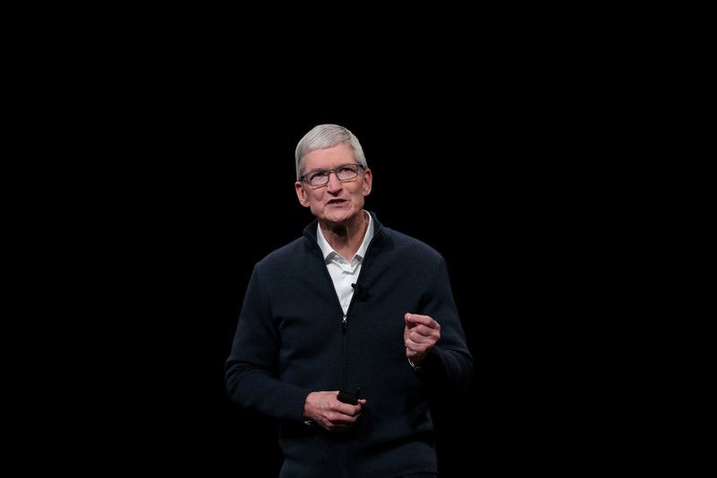 FILE PHOTO: Apple CEO Tim Cook speaks during an Apple launch event in the Brooklyn borough of New York