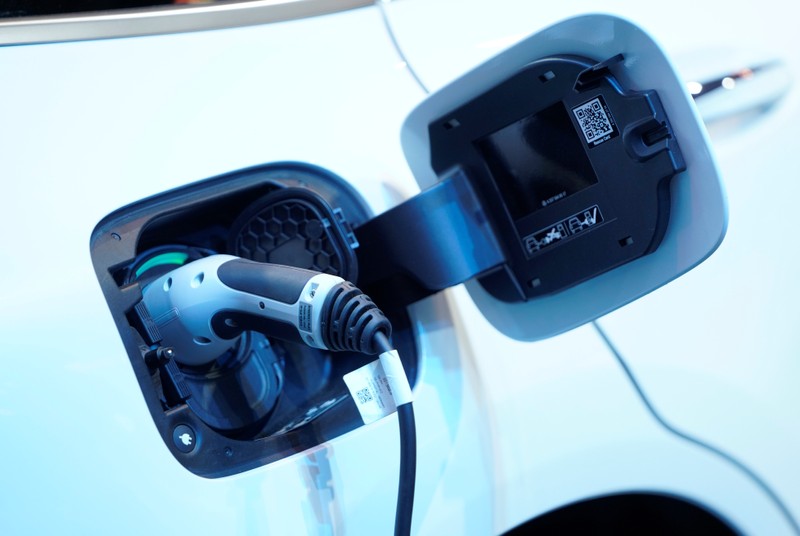 FILE PHOTO: A charging port is seen on a Mercedes Benz EQC 400 4Matic electric vehicle at the Canadian International AutoShow in Toronto