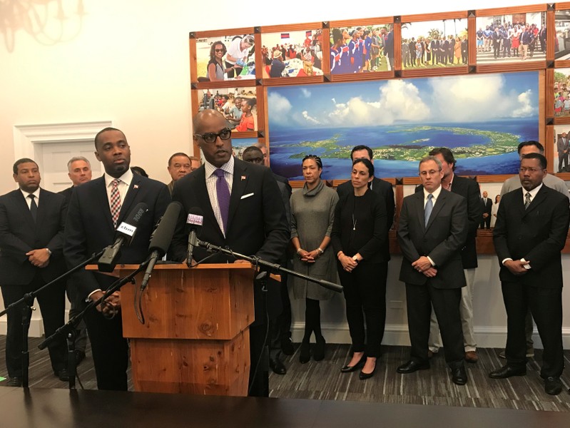 Bermuda Premier David Burt and Finance Minister Curtis Dickinson issue statements before a group of business leaders shortly after the EU added the island to a tax haven blacklist at the Cabinet Office in Hamilton